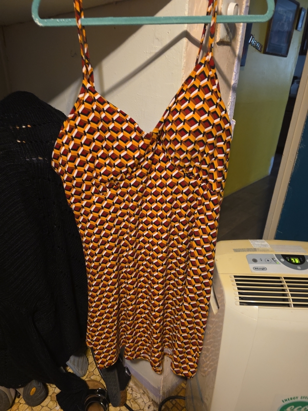 Geometric Print Spaghetti Strap Dress in Mustard & Burgundy